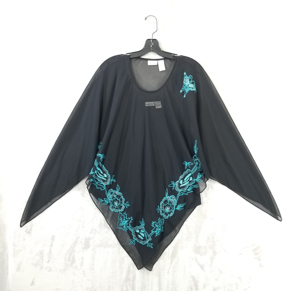 Vtg Top‎ Women 1X Black Sheer Embroidered Poncho w Tank Flowy Fairy Whimsigoth